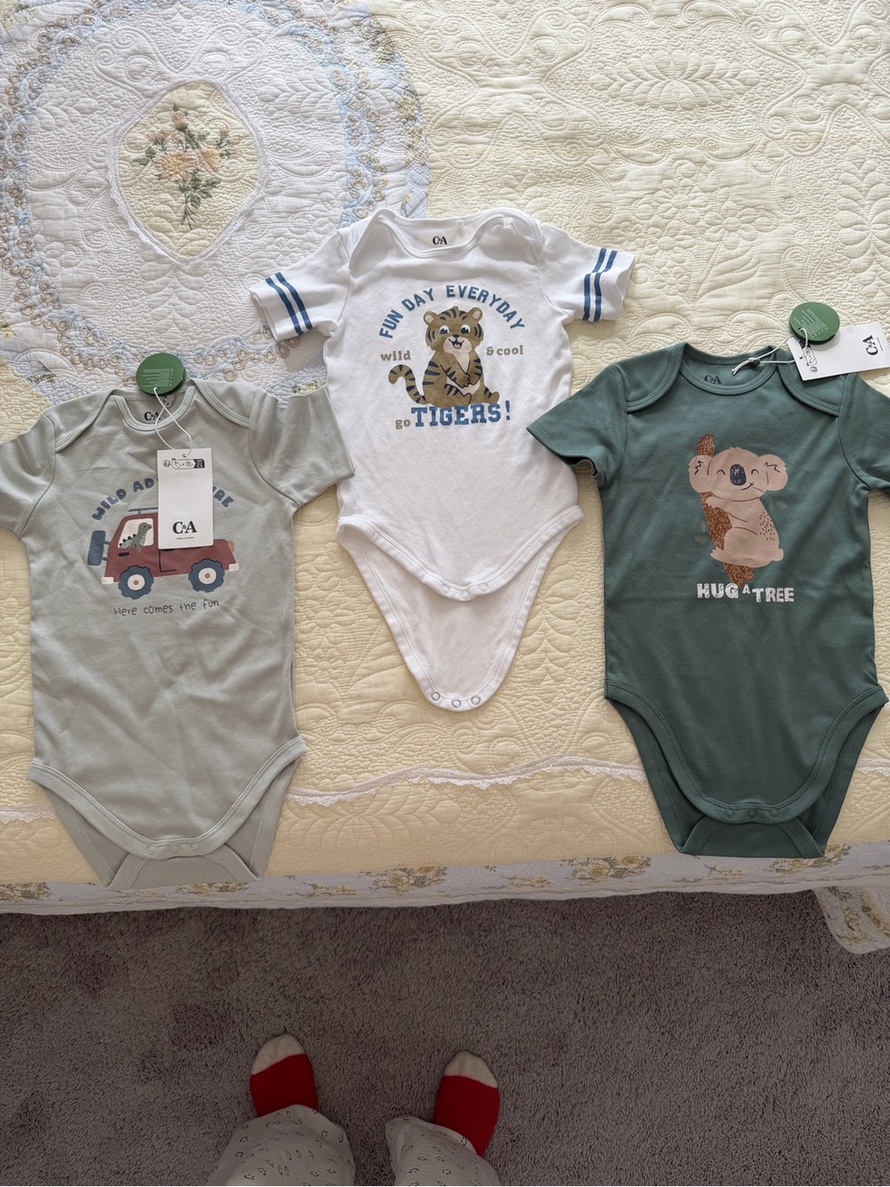 Baby Short-Sleeve One-Piece Bodysuits - White, Sage, Teal (3-Pack Look)